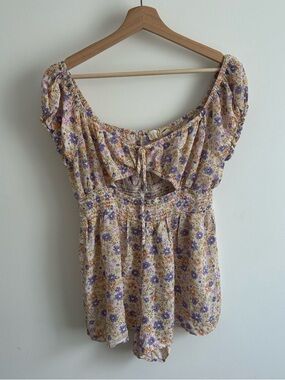 Retro Yellow and Purple Floral Off-Shoulder Romper with Tie Front